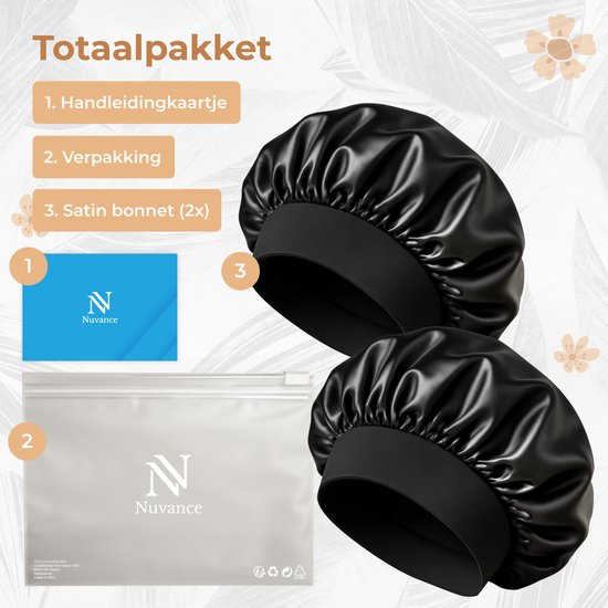Nuvance Bonnet Satin - Lot de 2 pièces - Chapeau de nuit en satin réglable - Bonnet en satin - Unisexe - Noir