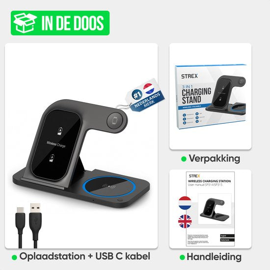 Strex 3-in-1 Wireless Charger - Station de charge - Chargement rapide 15W - Pliable - Convient pour iOS & Android, Apple Watch, AirPods et écouteurs sans fil - Noir