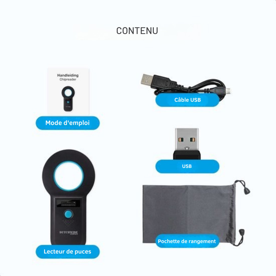 Lecteur de puces pour animaux Dutchwide Chipreader Pro - 128 enregistrements - USB/ Bluetooth