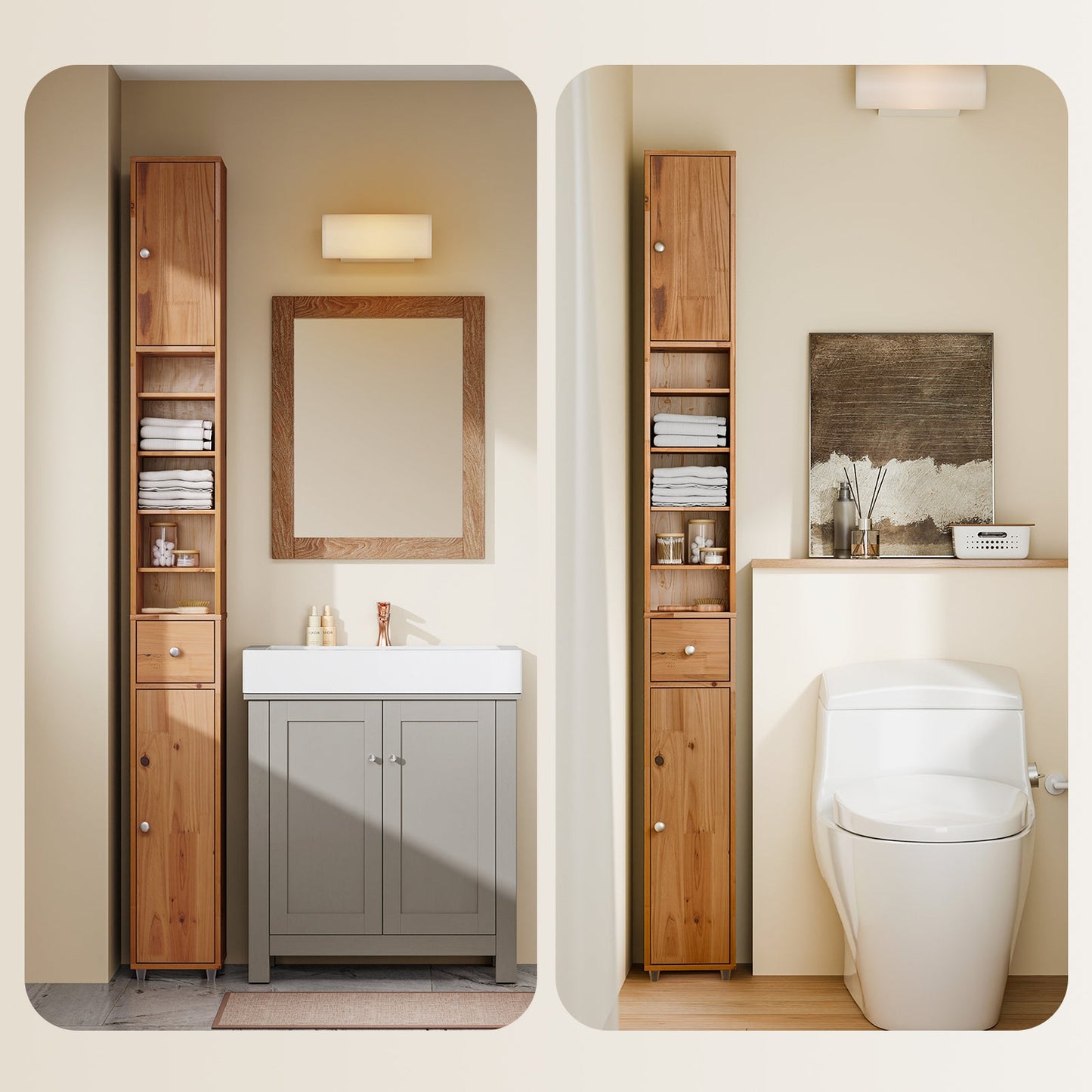 SoBuy BZR34-II-SH Grand meuble de salle de bain étroit - couleur bois - 20 x 20 x 180 cm - autoportant, en bois massif résistant à l'eau, avec étagères et tiroirs réglables