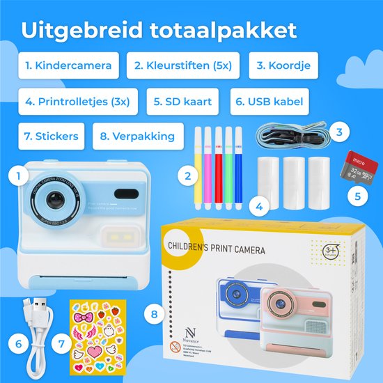 Nuvance - Caméra pour enfants - Caméra jouet pour enfants - avec carte SD 32 GB - Photo et vidéo - Imprimante photo - Caméra numérique pour enfants - Caméra pour enfants - Bleu