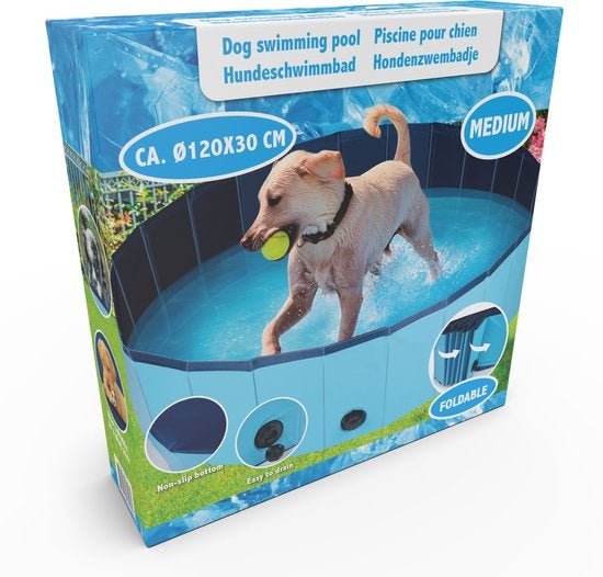 Piscine pour chien - 120 x 30 CM - races de chiens moyennes - Baignoire pour chien pliable - fond antidérapant - avec valve de vidange - bleu