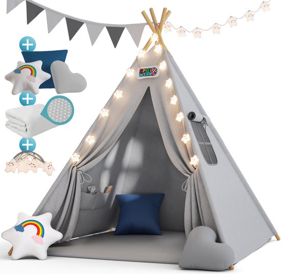 Spielwerk Tente de jeu - LED 3 coussins tendeurs 130x130x160cm - Gris