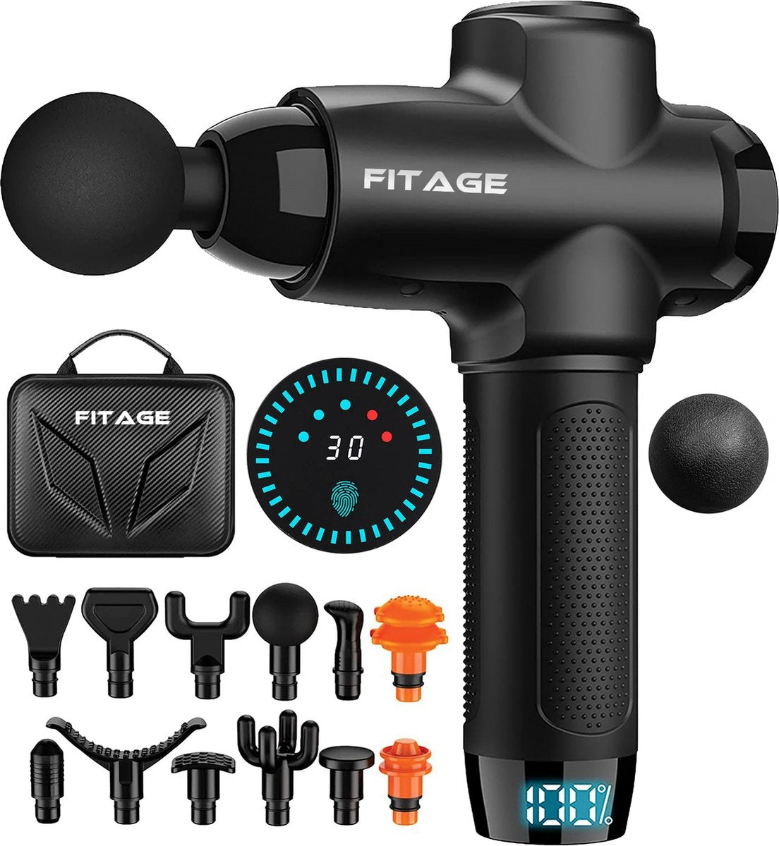 Pistolet de massage professionnel - FITAGE - 12 embouts - Appareil de massage - 30 niveaux d'intensité