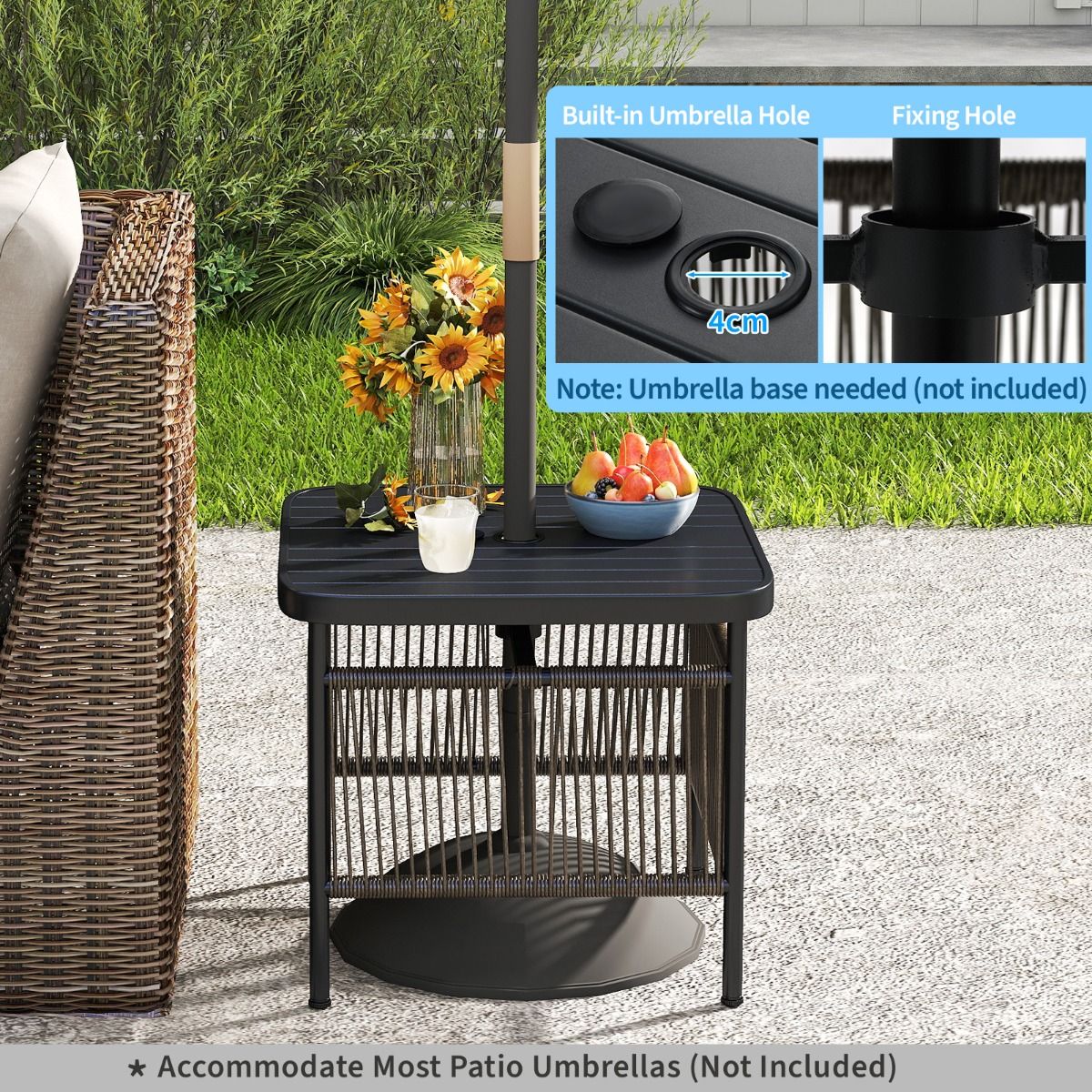 Table d'appoint d'extérieur Coast - en rotin résistant aux intempéries - avec trou pour parasol - noir - 56 x 56 x 49 cm