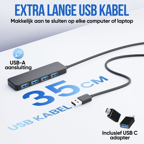 Strex USB 3.0 Hub - Répartiteur USB - 4 ports - 5Gbps - Câble 35CM - Adaptateur USB C inclus