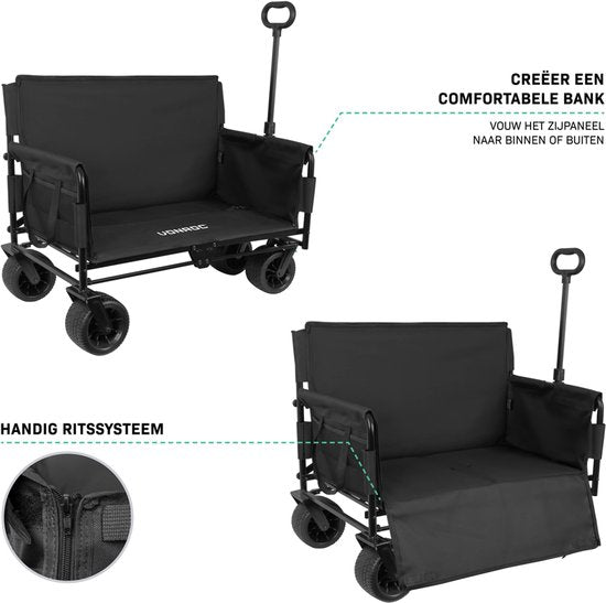 VONROC Wagon - Avec fonction siège - Pliable - Capacité de charge de 120 kg - Capacité de 115l - Roues solides anti-fuites - Cadre en acier robuste - Polyester 600D - Noir