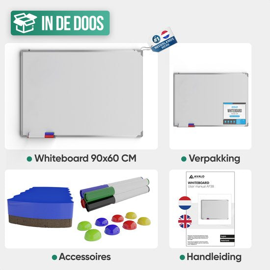 Tableau blanc - Avalo - 60x90 cm - 14 en 1 set - Tableau blanc magnétique incluant marqueurs, aimants et gomme