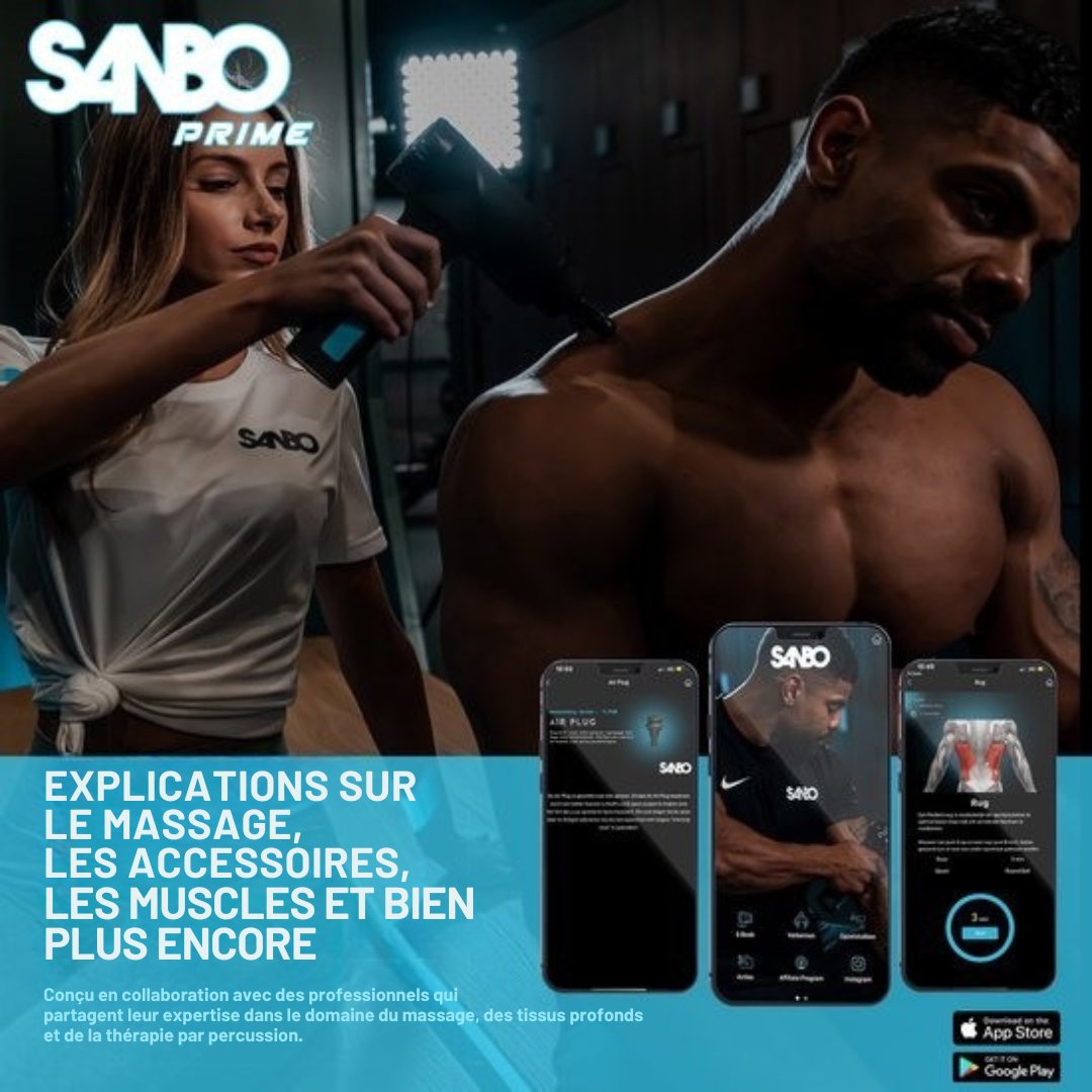 Pistolet de massage Sanbo - Massage sportif et relaxant - Professional- Includes Case & App - Appareil de massage - Pistolet de massage - Fitness - Noir/Bleu