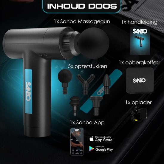 Sanbo Massage Gun Prime - Massage sportif et relaxant - Noir/Bleu - Professional- Includes Case & App - Appareil de massage - Pistolet de massage - Fitness