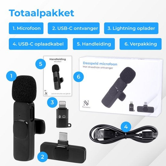 Nuvance - Microphone sans fil - Microphone Tie Pin - Adapté à Usb-C & Apple Lightning - Microphone Lavelier - Plug & Play