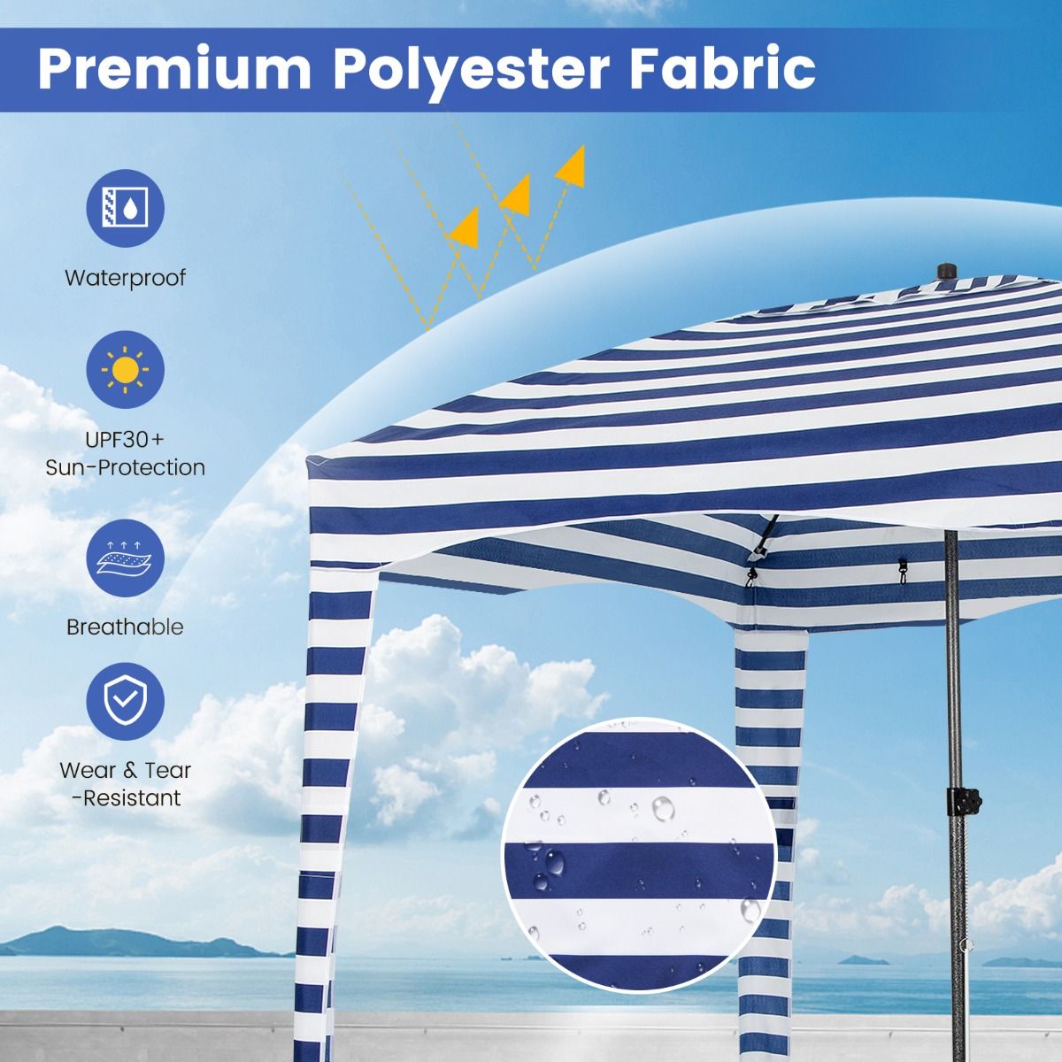 Tente de plage pliable Coast - Avec sac de transport - Paroi latérale amovible - 183 x 183 x 215-240 cm - Bleu avec blanc