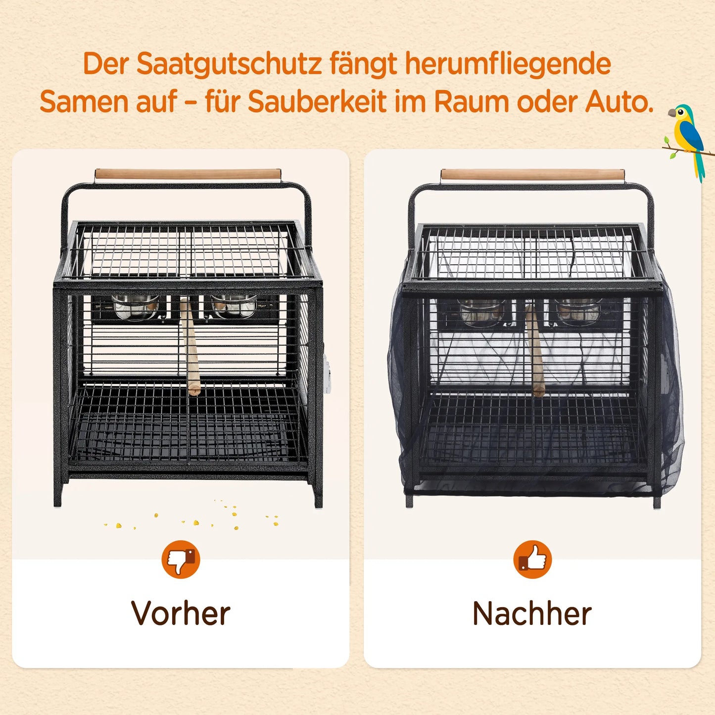 Yaheetech Cage à oiseaux avec poignée - Avec perchoirs en bois, revêtement hydrofuge et porte verrouillable - Pour canaris et perruches - Métal noir, plastique et bois - 48,5 x 39 x 65 cm