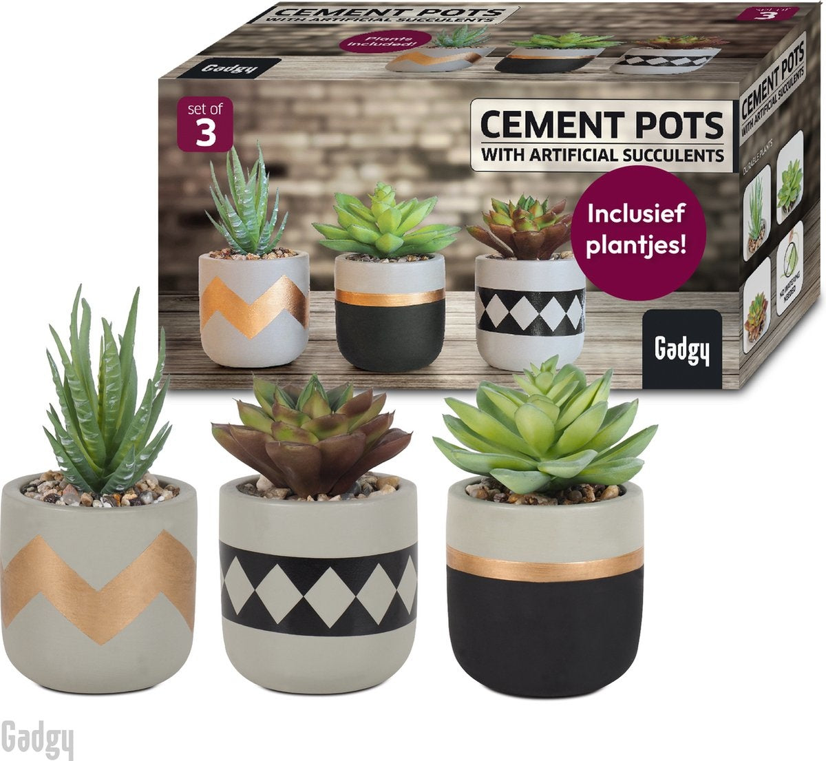 Gadgy Plantes Artificielles d'Intérieur - 3 pièces - Plantes de lard artificielles en pot de pierre - Fausses plantes - 13 à 16 cm