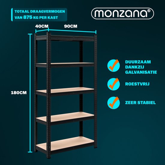 Rack de stockage en métal - 5 étagères en MDF incluses - 180x90x40 cm Noir
