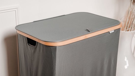 Panier à linge Dymac, 145 Litres, 3 compartiments, Trieur de linge en bambou, Avec 3 sacs à linge amovibles, Gris