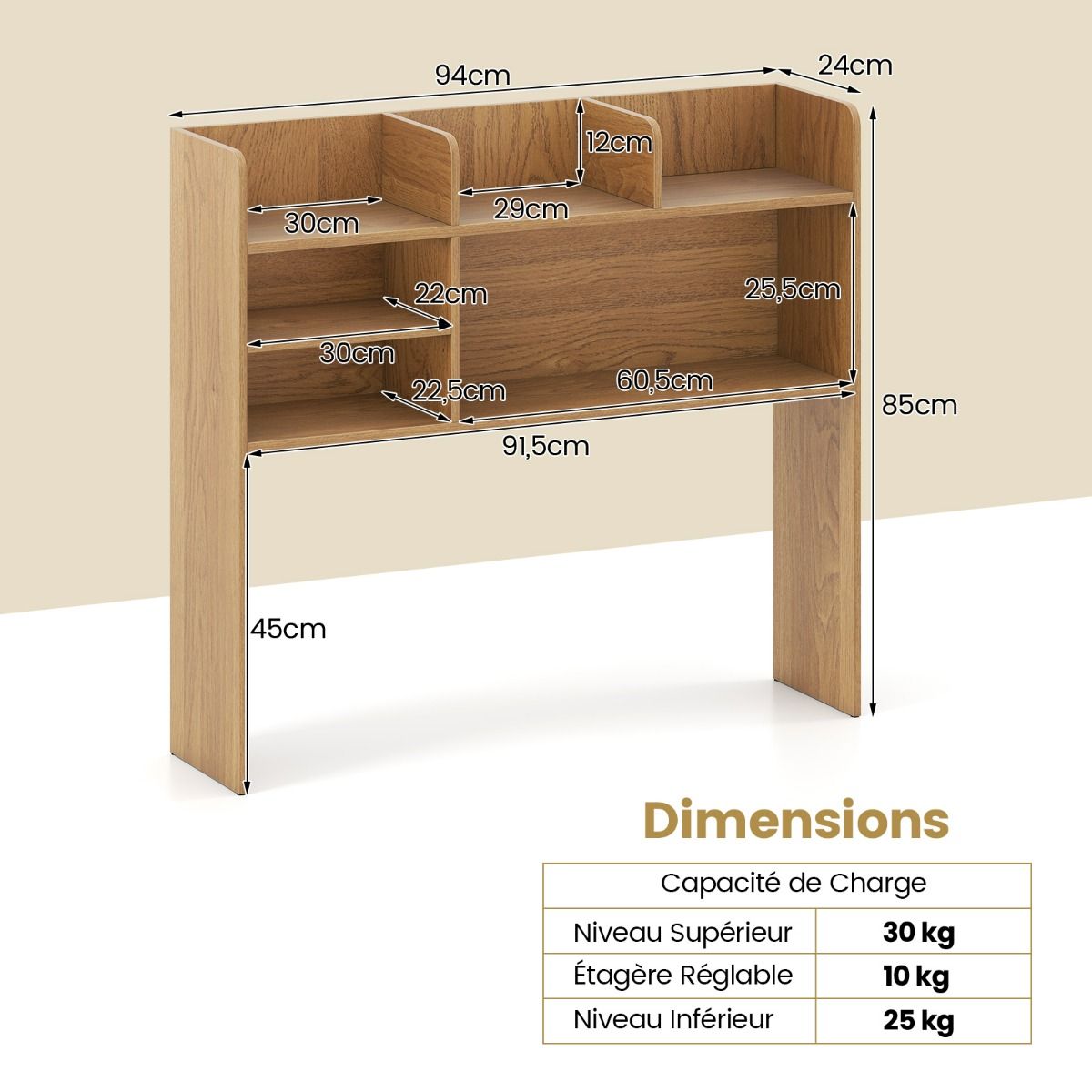 coast - Meuble de rangement pour bureau - 94 × 24 × 85 cm - Nature - Organisateur de bureau avec 6 étagères et espace pour moniteur