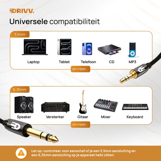 Drivv. Câble jack 3,5 mm vers 6,35 mm Premium - Câble jack - Câble audio - 3 mètres