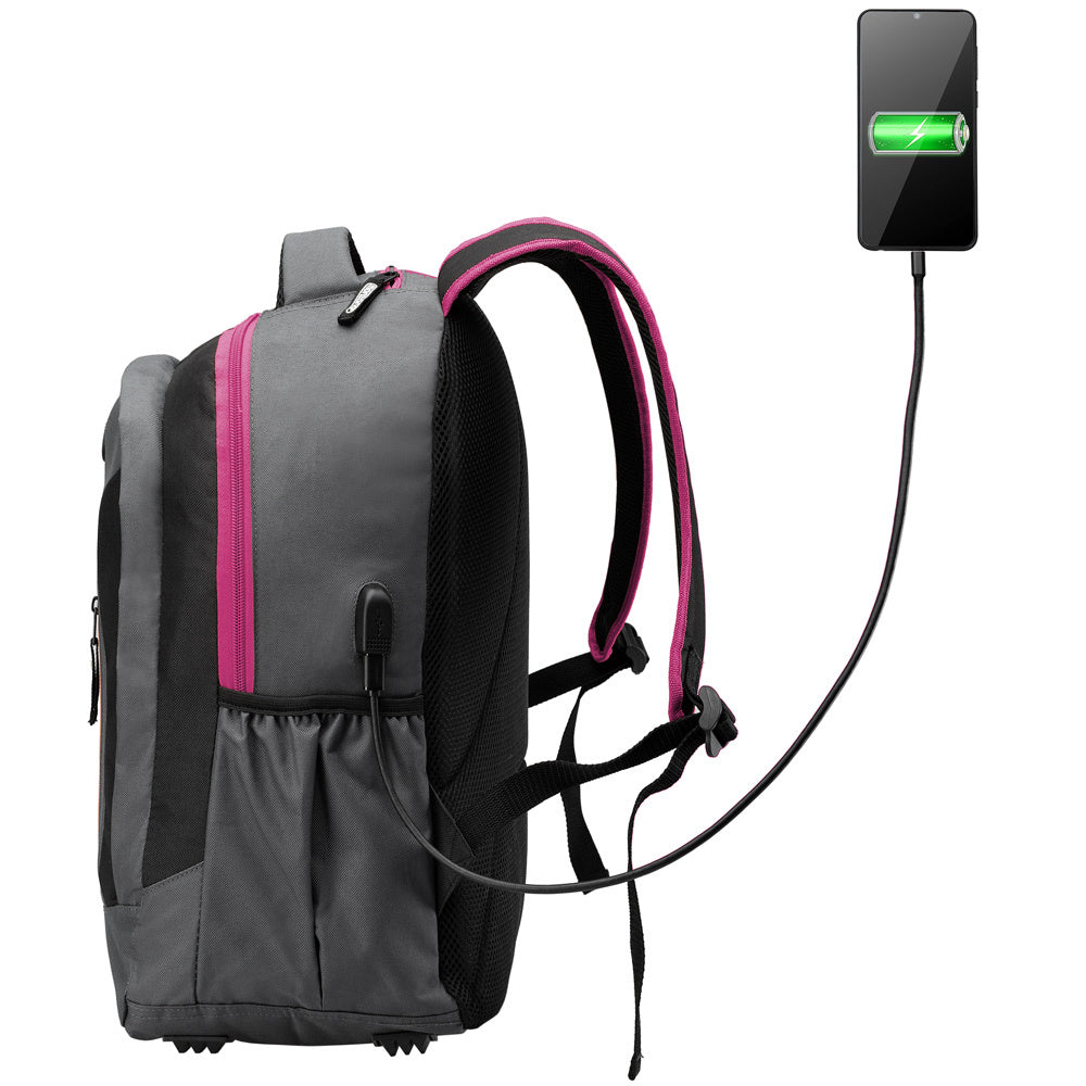 Rugzak voor Laptop 34L met USB-poort en 15,6" Laptopvak– Grijs / Roze