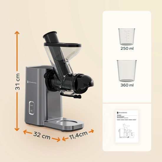 KitchenBrothers Slowjuicer - Mini presse-agrumes - Presse-légumes et fruits - Alimentation 40 mm et 50 mm - 400 ml - Gris