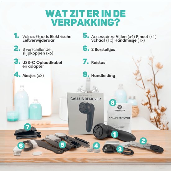 Vulpes Goods® BeautyCare - Extracteur de callosités électrique PRO - 6 disques de callosités inclus - Extracteur de callosités électrique - Set d'extraction de callosités professionnel, set de pédicure de 10 pièces et sac de voyage - lime pour les pieds -