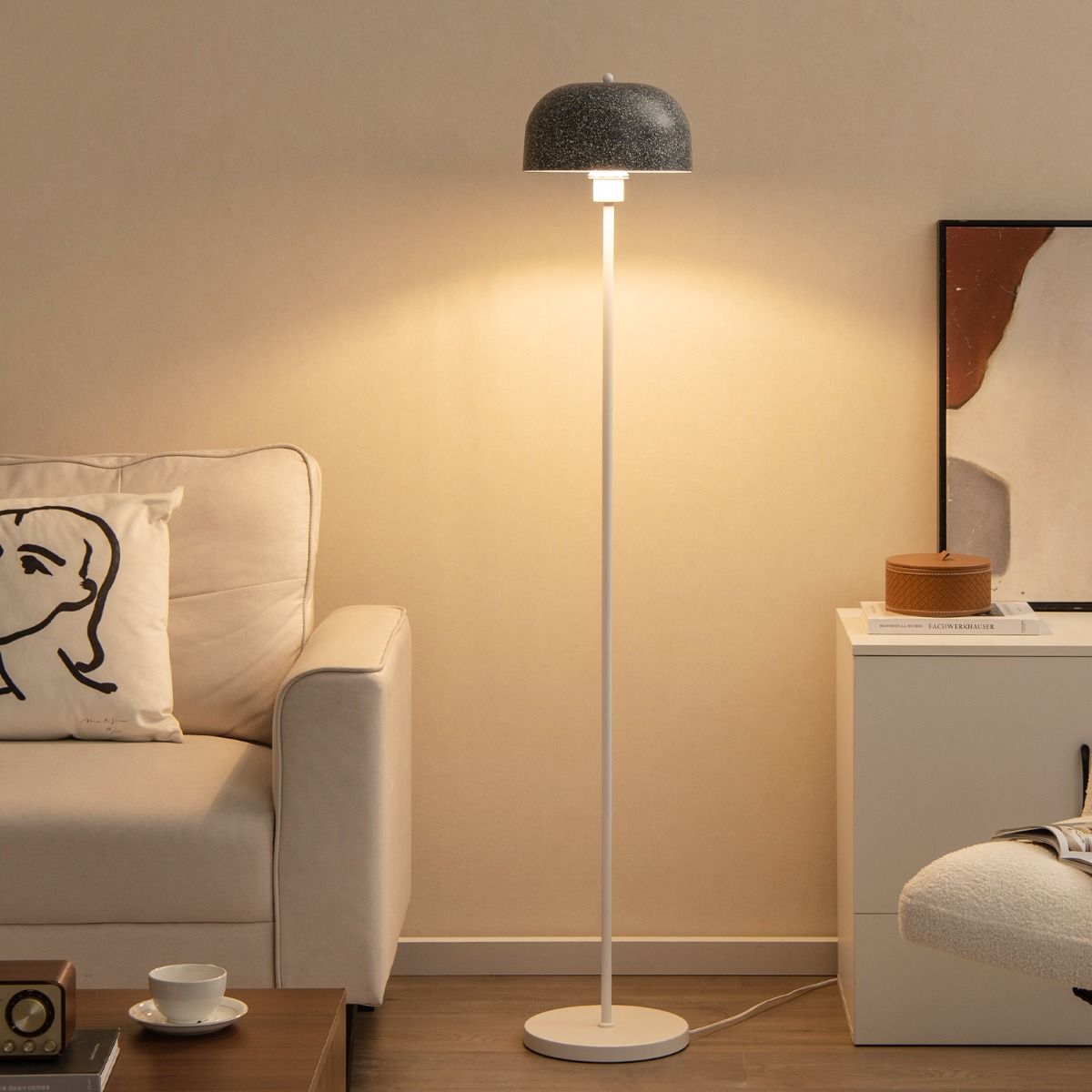 Coast Floor Lamp 146 cm Grey-White avec abat-jour et interrupteur à pied - Lampadaire moderne avec base lestée et ampoule E27