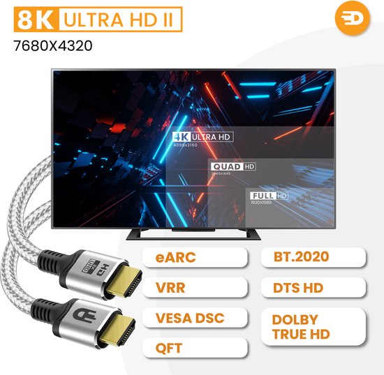 Câble HDMI 2.1 - Ultra HD High Speed - HDMI vers HDMI - Convient à Xbox Series X & PS5 - 1 mètre - Nylon - Blanc argenté