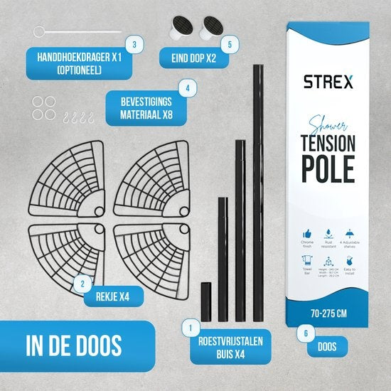 Etagère de salle de bain - Strex - Etagère de douche d'angle - Réglable - 70-275 cm - 4 paniers - Noir