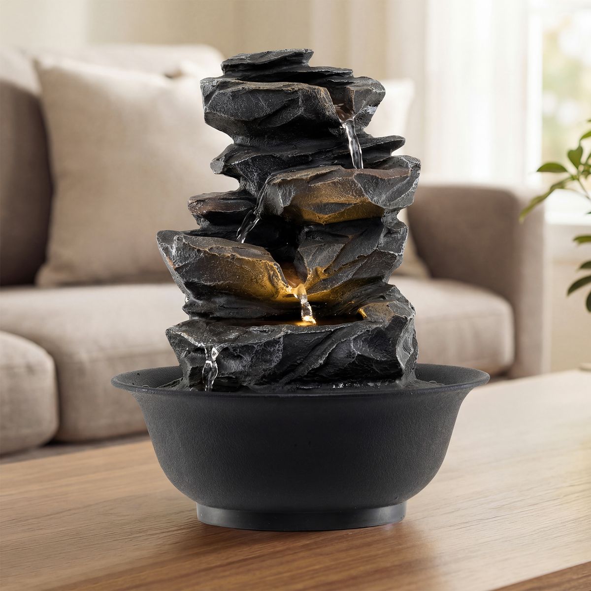 Fontaine de table Coast - cascade aspect rocheux - éclairage LED - noir - 21,5 x 26 cm