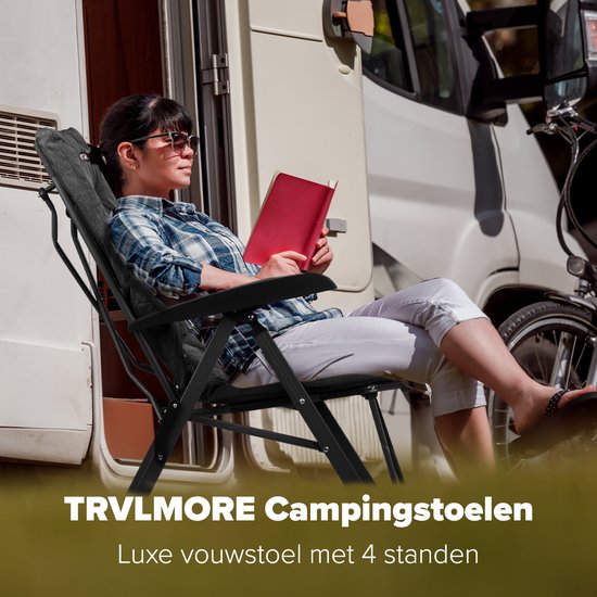 TRVLMORE Chaise de camping - Sac de transport inclus - Duo Pack - Capacité de charge de 150 kg - Chaise de camping - Compartiment de rangement - Chaise pliante - Noir
