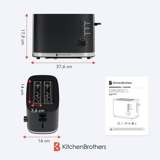 KitchenBrothers Toaster - Grille-pain - 6 niveaux de chaleur - 2 fentes extra-larges - 870W - Noir