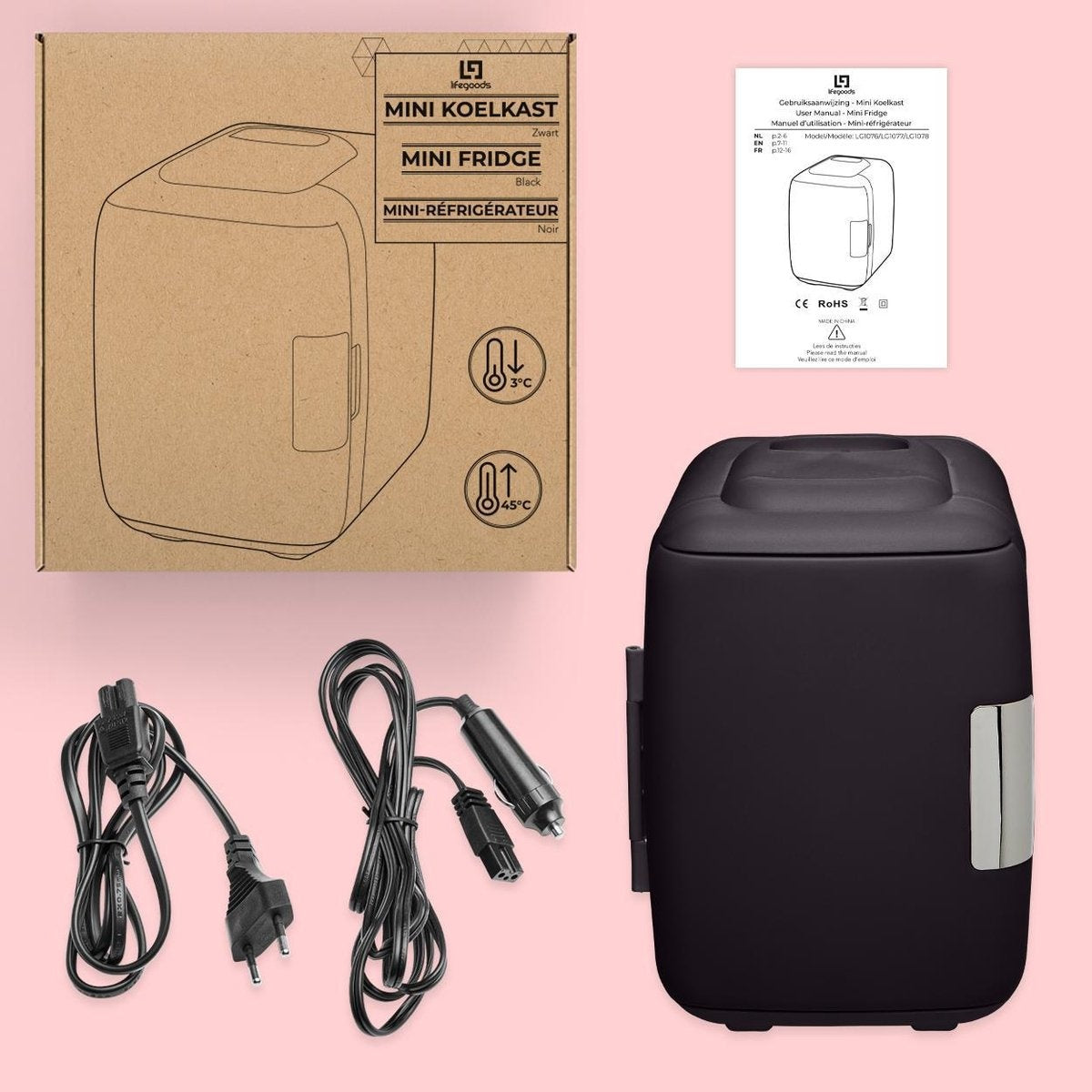 Mini réfrigérateur LifeGoods - 4 litres - Maquillage et Beauté Soins - 100/240V / 12V Car Plug - Noir