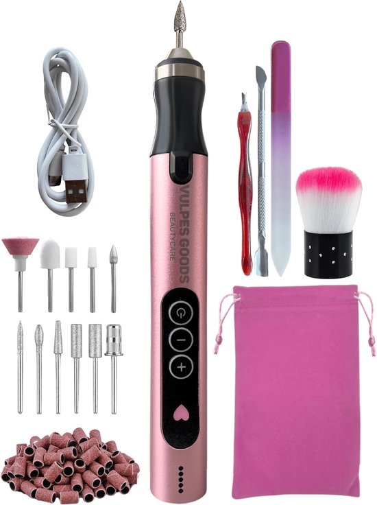 Vulpes Goods® BeautyCare - Lime à ongles électrique - sans fil et rechargeable - 11 fraises à ongles, 96 rouleaux de ponçage et sac de transport - Set de manucure et de pédicure - Version PRO