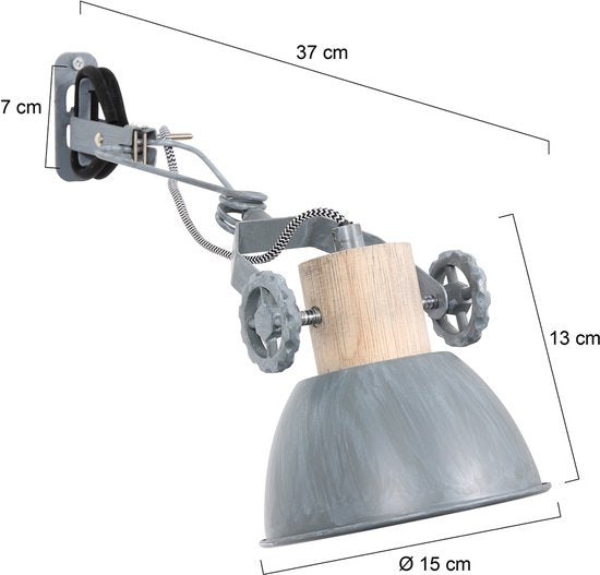 Spot à pince et applique murale Gearwood 2752GR Gris, douille E27 - Bois et métal, design tendance, orientable et inclinable, convient à un usage intérieur - Mexlite