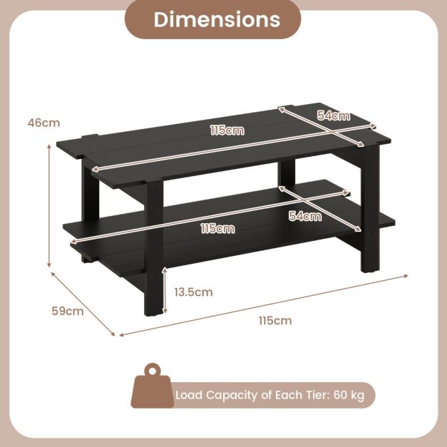 Table basse Coast 2 couches avec étagère de rangement - 115 x 59 x 46 cm - Noir