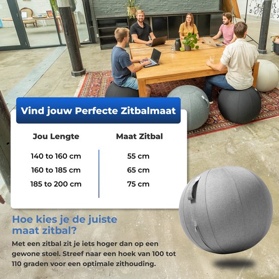 Backerz Sitting Ball 75 CM - Ballon d'assise avec housse en lin - Chaise ergonomique pour le bureau et la maison - Ballon de yoga de luxe - Gris clair