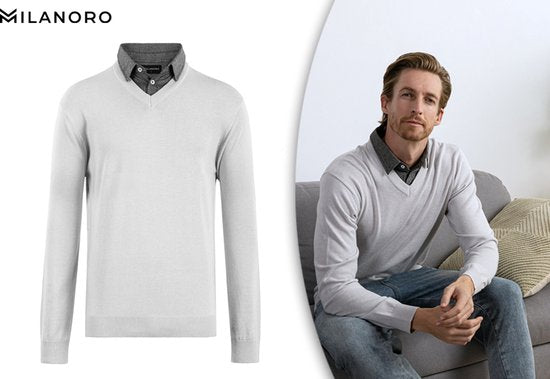Pull-over à col chemise Milanoro pour hommes - Gris clair - Taille XXL - Coupe élégante