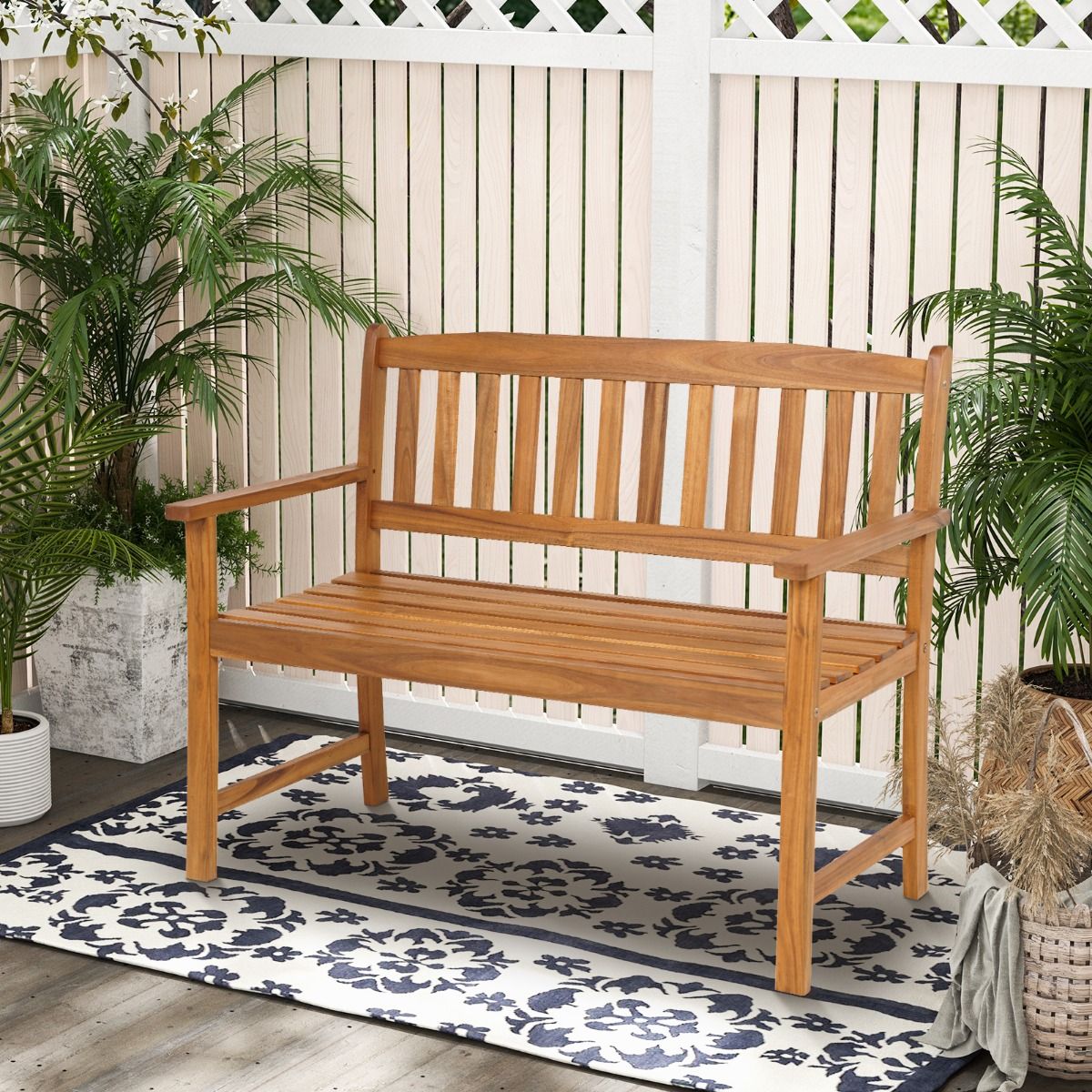 Banc de jardin Coast - Bois d'acacia massif - 2 places - Capacité de charge jusqu'à 360 kg - Finition naturelle - 110 x 56,5 x 86 cm