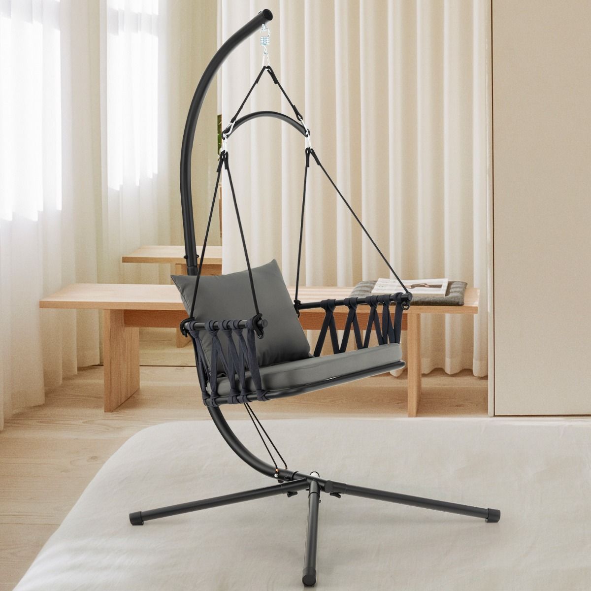 Fauteuil suspendu Coast avec support - Dossier tressé - Coussins d'assise et de dossier inclus - Gris