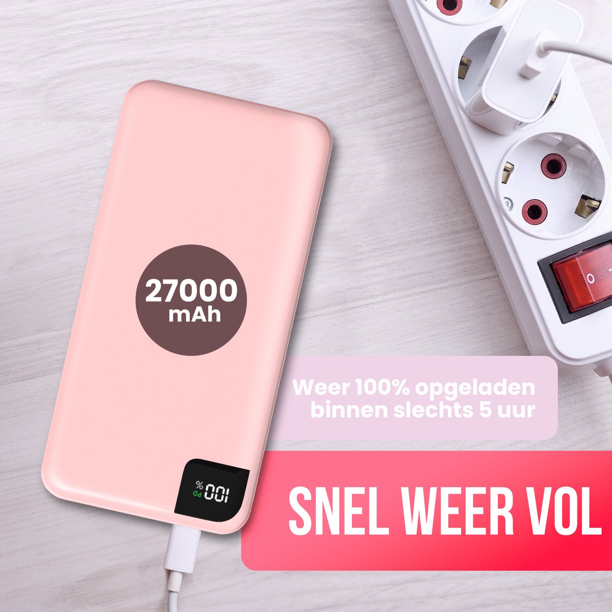 Strex Powerbank Pink - 27 000 mAh - Charge rapide 22,5 W - USB-A/USB-C - Indication LED - Powerbank universel adapté à iOS/Android, entre autres