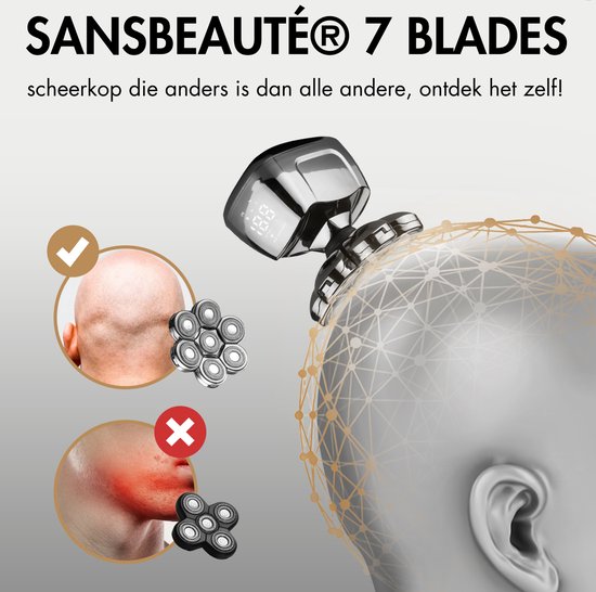 Rasoir pour homme 6-en-1 + tête de rasage supplémentaire - Tondeuse - Tondeuse - Sansbeauté® SkullSharp PRO - Wet & Dry - Rasage du visage et de la tête - Rasage de la tête - Rasoir de crâne - Chargement sans fil - Accessoires