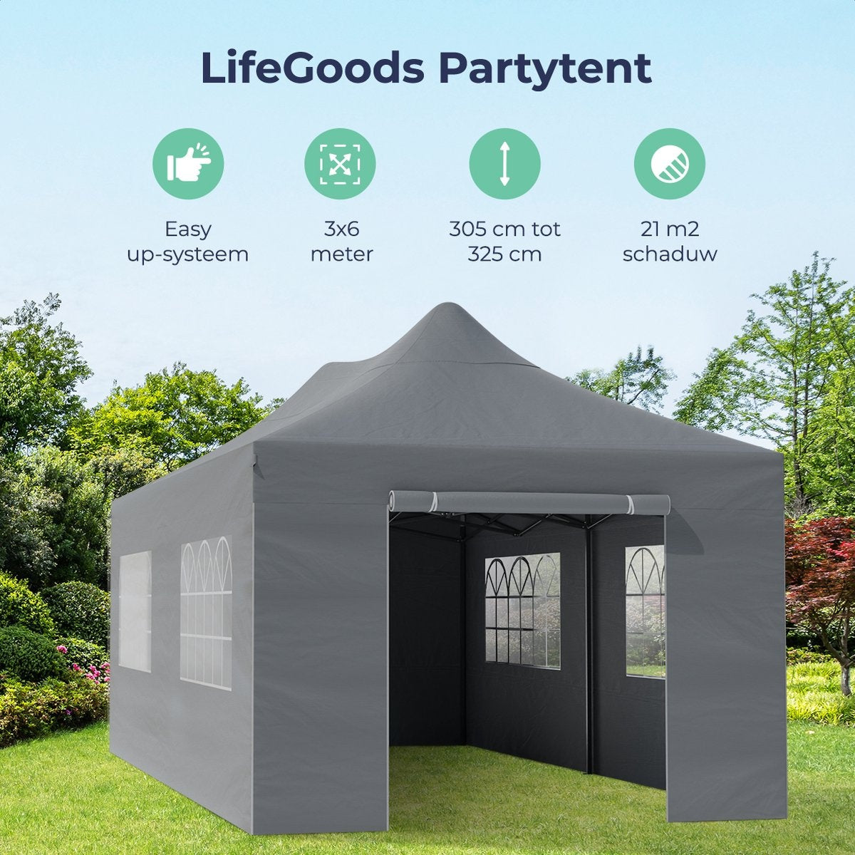 Tente de réception - LifeGoods - Étanche - Sac de transport à roulettes - 3x6 m - Gris foncé