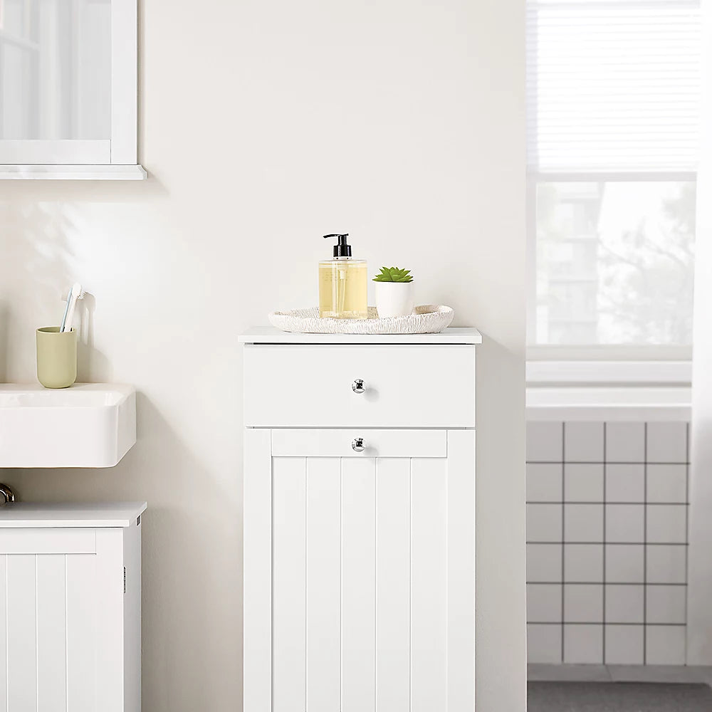 Armoire de salle de bains Sobuy avec panier à linge – Équipée d’un panier à linge amovible, d’une porte et d’un tiroir coulissant – Pour salle de bains et buanderie – MDF laqué blanc – 40 x 38 x 90 cm