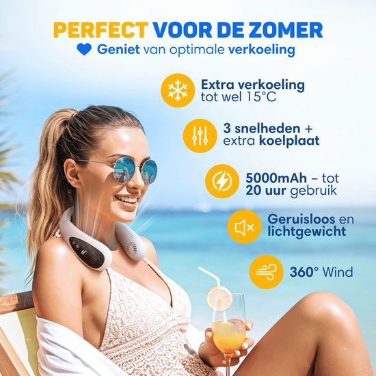 Vulpes Goods® Tech - Ventilateur de cou avec élément de refroidissement - Rechargeable et silencieux - Ventilateur de visage portable - 3 étapes avec refroidissement supplémentaire - Version ELITE