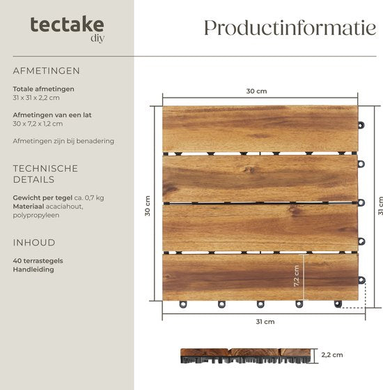 tectake® - Dalles de jardin en bois - Résistant aux intempéries - Revêtement de sol pour balcon - Dalles de sol - Sol de balcon - Dalles de terrasse avec système d'encliquetage - Drainage - lot de 40