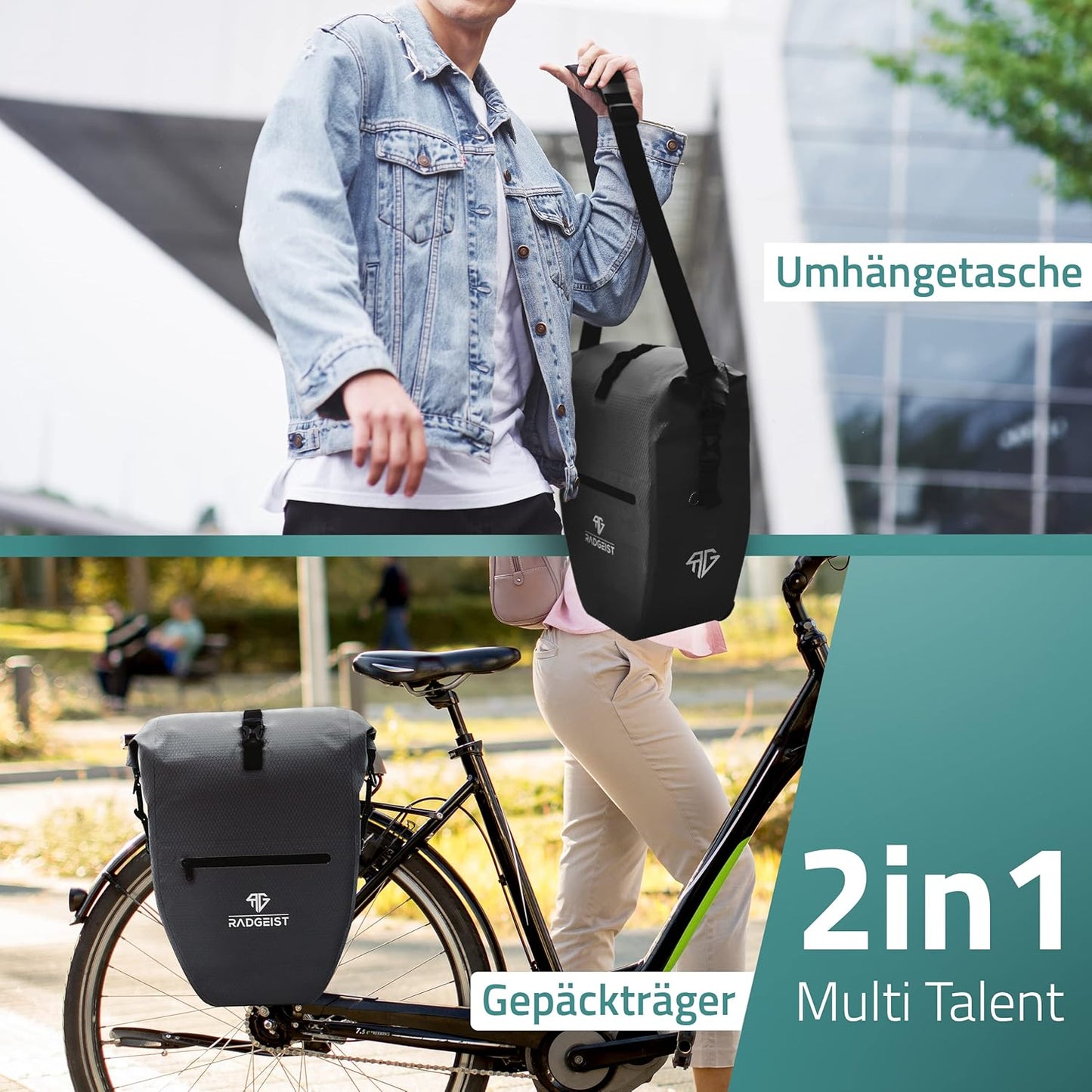RADGEIST sacoche pour porte-bagages - 2X sacoche pour porte-bagages - sac à bagages étanche et sac à bandoulière - sacoche pour porte-bagages avec réflecteurs