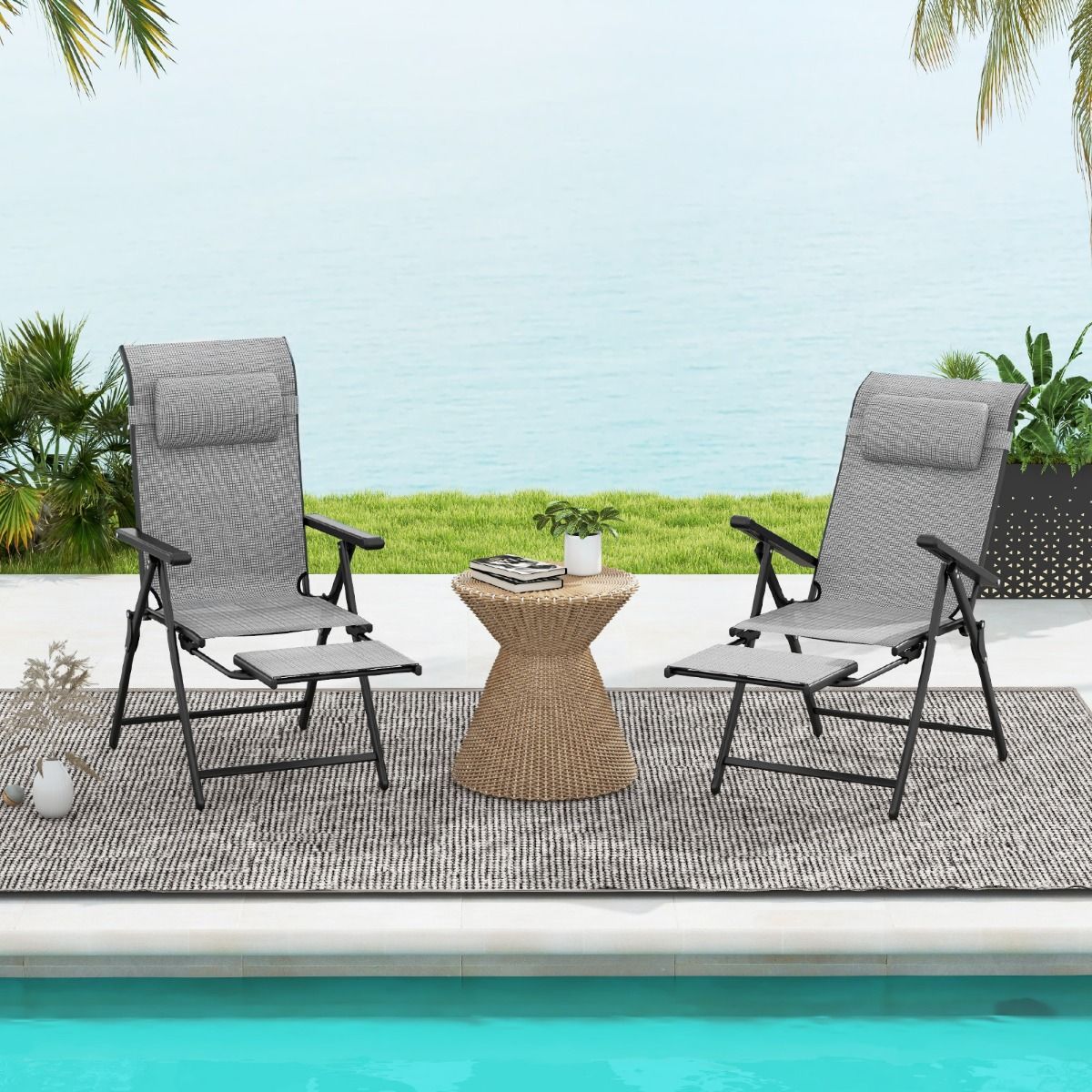 Ensemble de chaises de jardin Coast - pliables - dossier et repose-pieds réglables - gris