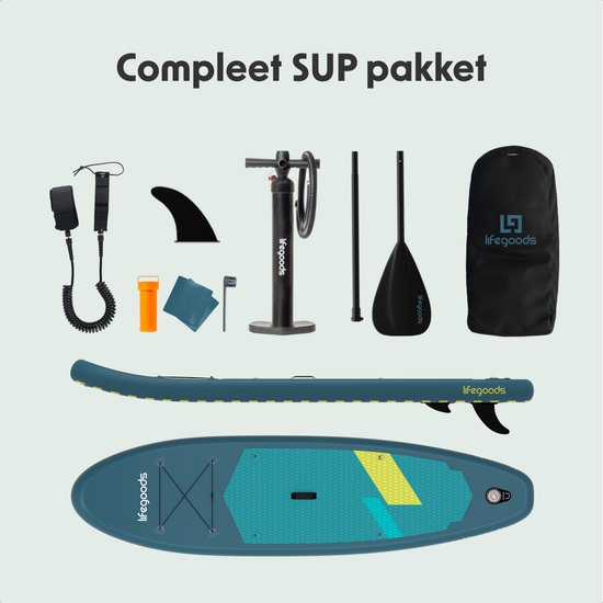 LifeGoods SUP Board All-round Compact - Capacité de charge 100 KG - 300 x 76 cm - Gonflable - Ensemble complet de SUP - Cyan/Vert foncé