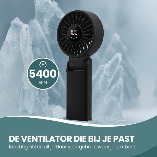 TTD® Hand Fan Rechargeable - Mini ventilateur - 5 étapes avec affichage numérique - 150 degrés de rotation - Tenez, posez ou accrochez à votre cou - USB-C Rechargeable - Batterie 5000 mAh