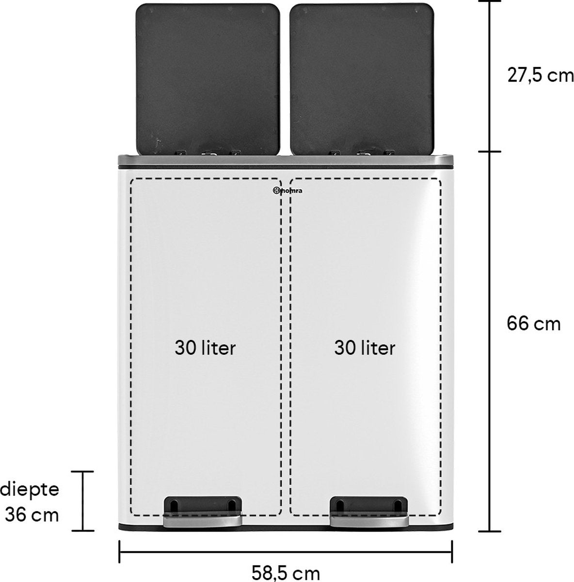 Homra QUICKX Poubelle de tri sélectif 2 compartiments Blanc - 60 L (2x30 L) Poubelle à pédale - Poubelle design Duo en acier inoxydable - Séparation des déchets - Poubelle de recyclage - Pédale hygiénique - Poubelle double - Poubelle de cuisine - Poubelle